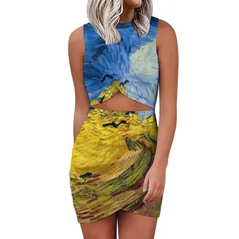 Vincent Van Gogh Šaty bez Rukávov Wheatfield s Vrany Streetwear Šaty, Sexy Bodycon Šaty Žena Dizajn Nadrozmerná Vestido Obrázok