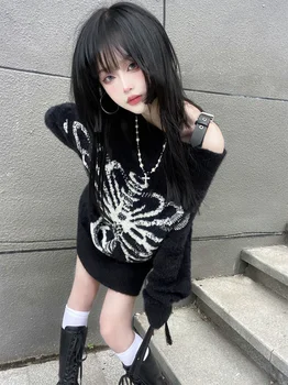 Knitwear Top Odpadky sveter Fashion street wear Y2k Estetické čierny pulóver Lebka Goth ženy pulóver Harajuku looseknit Obrázok