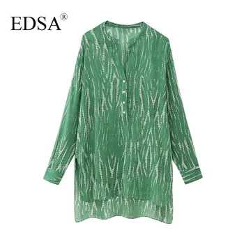 EDSA Ženy Elegantný Zelený Vytlačené dlhým vlascom Blúzka s Dlhými Rukávmi s Manžetami Asymetrická, Lem, Bočné vetracie Otvory Predné Tlačidlo nahor Top Obrázok