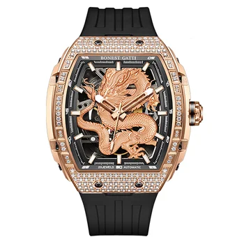 BONEST GATTI Mužov Automatické Hodinky Luxusné Tonneau Mechanické 50m Náramkové hodinky Vodotesné Sapphire Svetelný Fluororubber Dragon Dial Obrázok