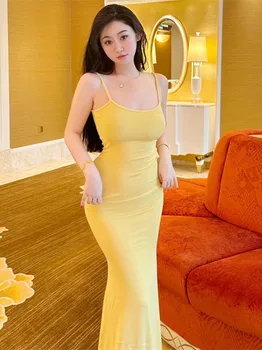 WOMENGAGA Žltá Šatka Šaty Elegantné Holiday Beach Ženy Jar Leto Sexy Pikantné Dievča Slim Sladký kórejský Ženy Župan Top 8UAY Obrázok